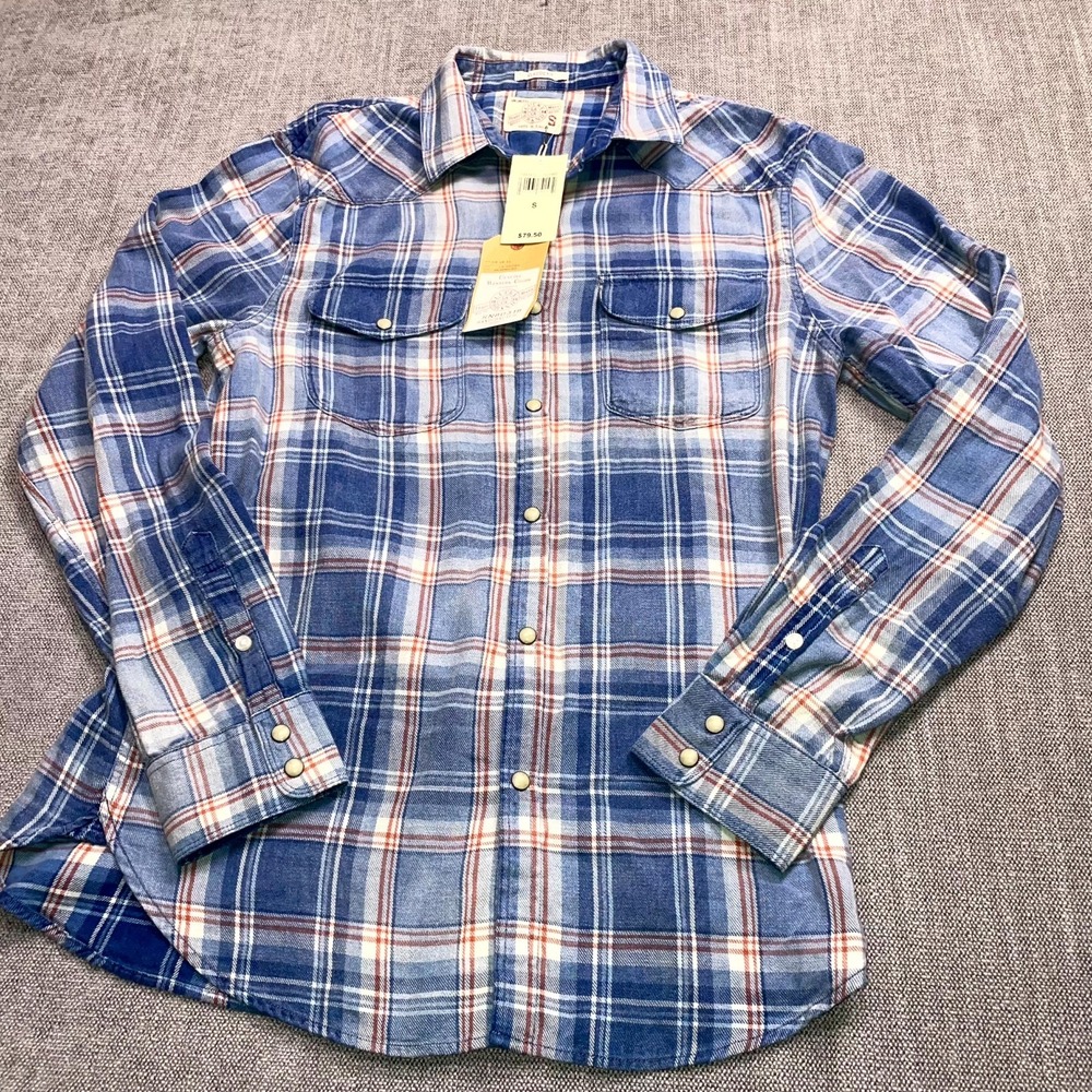 Lucky Brand One Western Shirt Mens S Blue Multi Plaid Classic Fit Pearl Snap Up